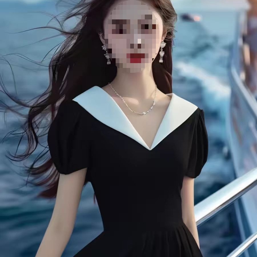 法式赫本风黑色海军领泡泡袖连衣裙感复古气质绝美裙子女夏季