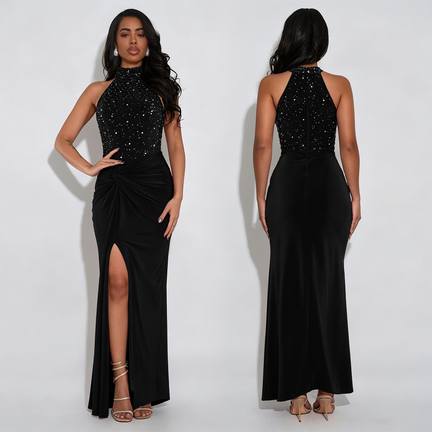 C7706 cross-border AliExpress Amazon Europa y América moda de mujer sexy hombro abierto perlas de diamante caliente vestido bifurcado image 1