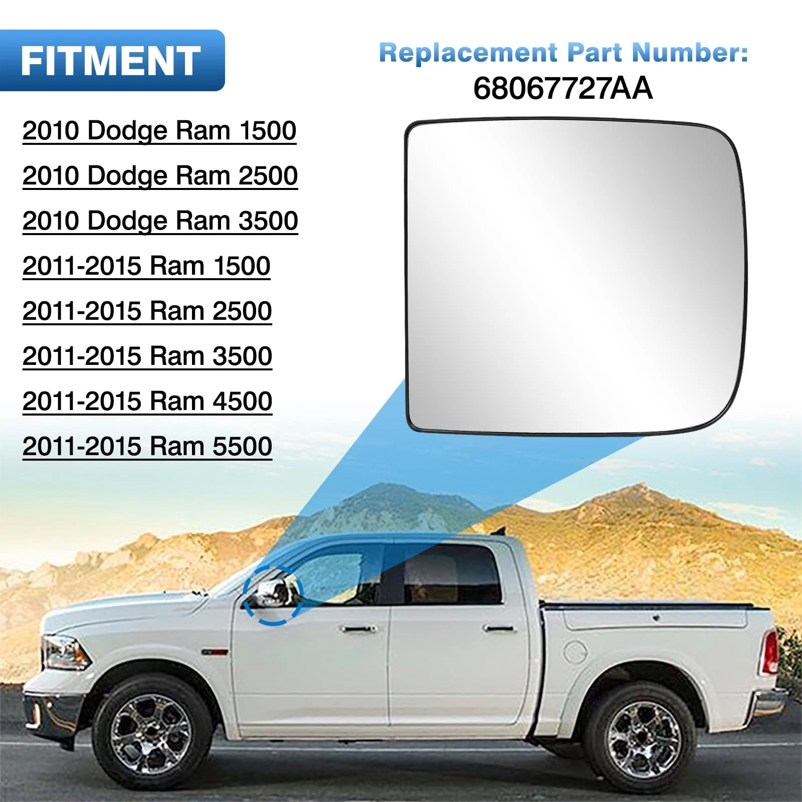 68067728Aa 68067729Aa Suitable for Dodge Ram 09-18 1500 2500 Rearview Mirror