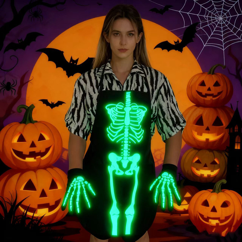 Halloween Luminous Apron Skull Gloves Bar Dance Horror Dress up Family Kitchen Funny Party Props