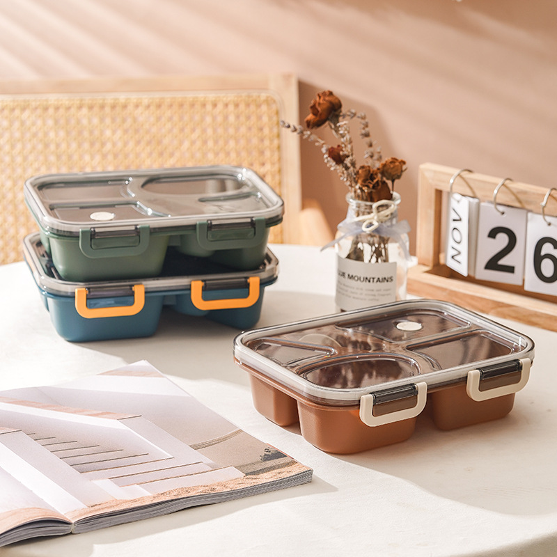 厂家塑料四格饭盒 成人便携可微波午餐盒 学生带餐密封便当盒批发