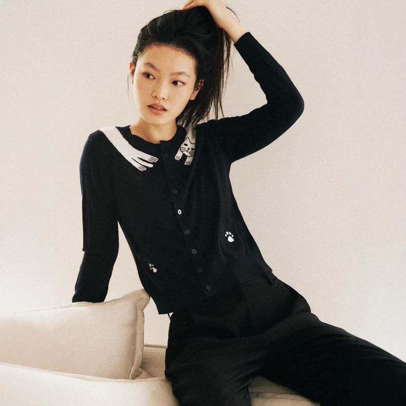 Cute Cat Series Knitted Grandma Cardigan Sargasso Navy Blue