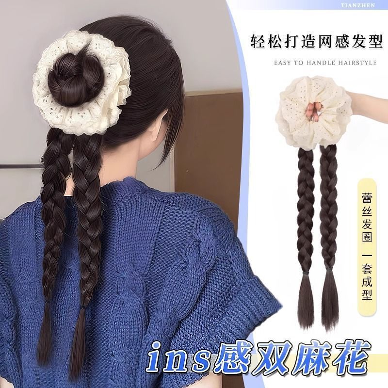Peluca, cola de caballo, cola de caballo alta femenina, lazo para el cabello de encaje, trenza de doble giro, botones florales, accesorios para el cabello