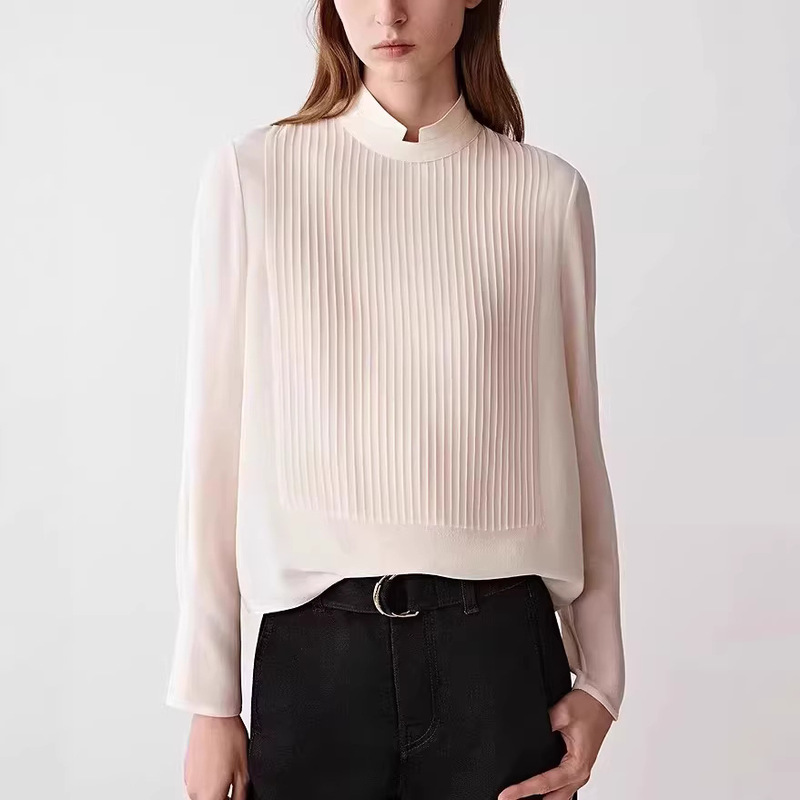 Xiaohe Women's Clothing 2026 Spring New Simple Georgette Long Sleeve Floral Top Simple Draped Commuter Stand Collar Shirt