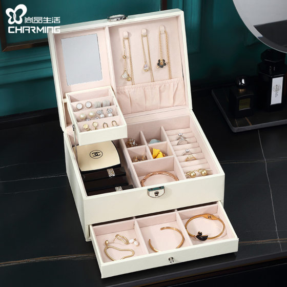 Cross-border large capacity jewelry box three-layer drawer jewelry cosmetic box ear studs earrings storage box household jewelry box