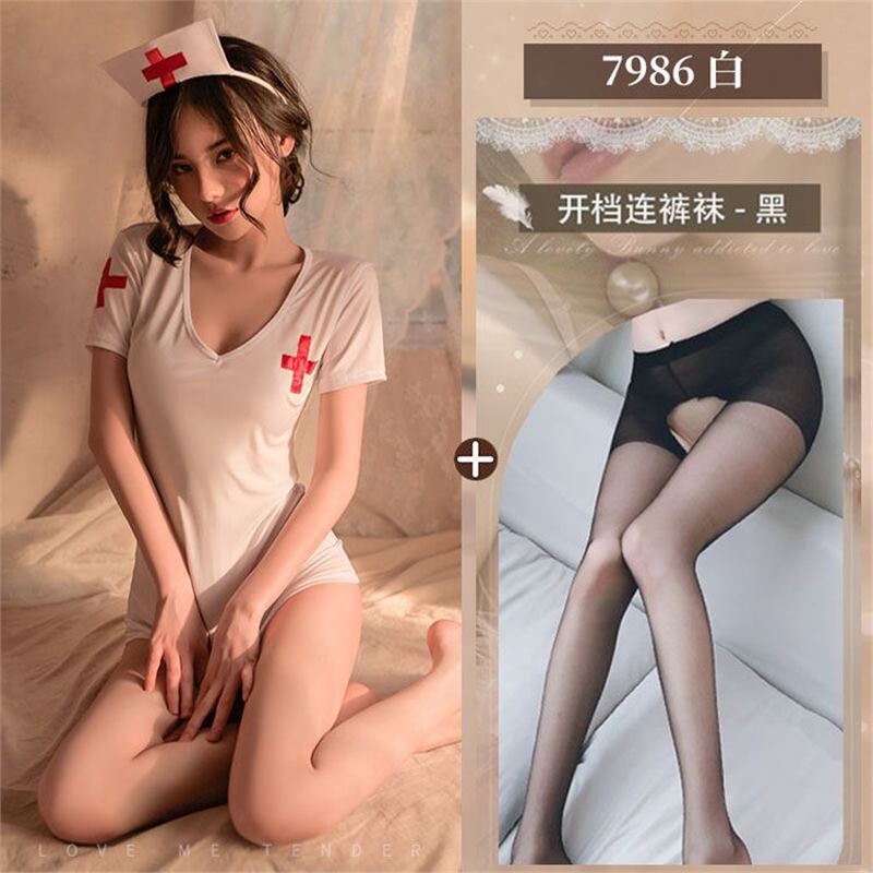 간호사 (머리띠 + 스커트 + T바지) + 검정색 오픈 양말
