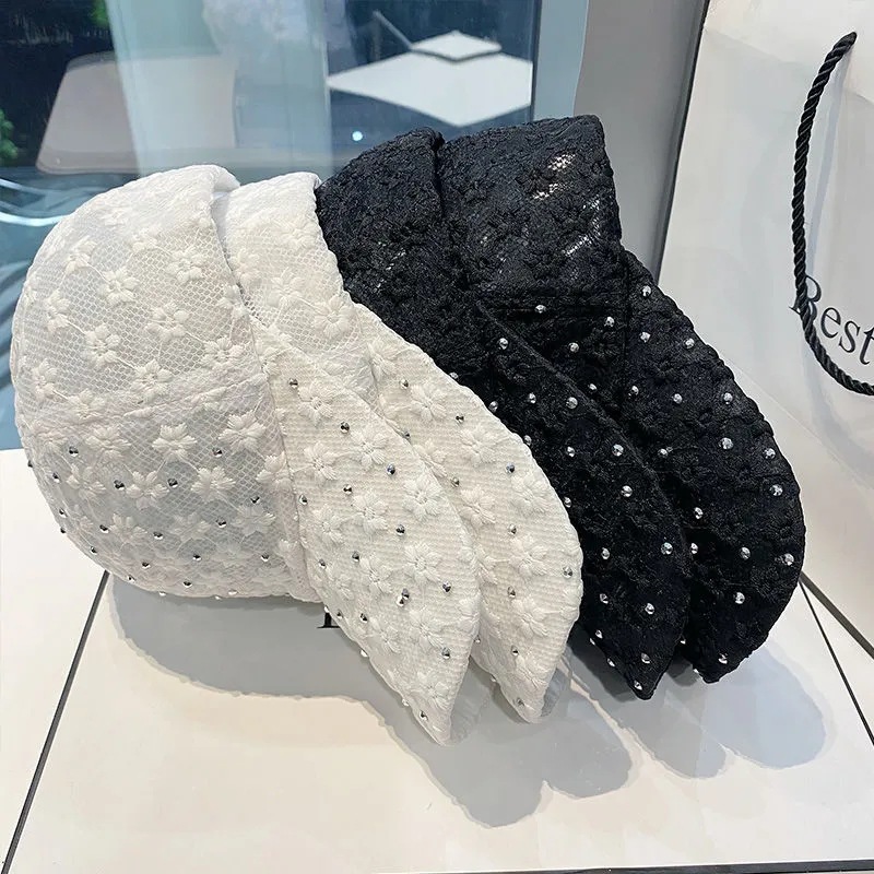 Primavera y verano versátil encaje floral tapa enarbolada Estilo coreano de las mujeres de moda estrellado caliente rhinestone gorra de béisbol protección solar sombrero para el sol