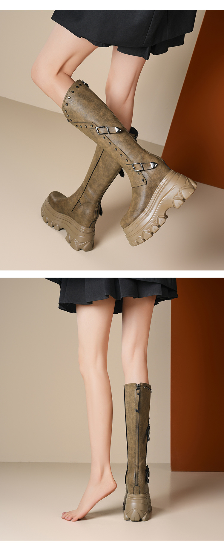 Boot nữ cổ cao ôm bắp chân đế xuồng tăng chiều cao 12 cm — Lót nhung đen chi tiết 6