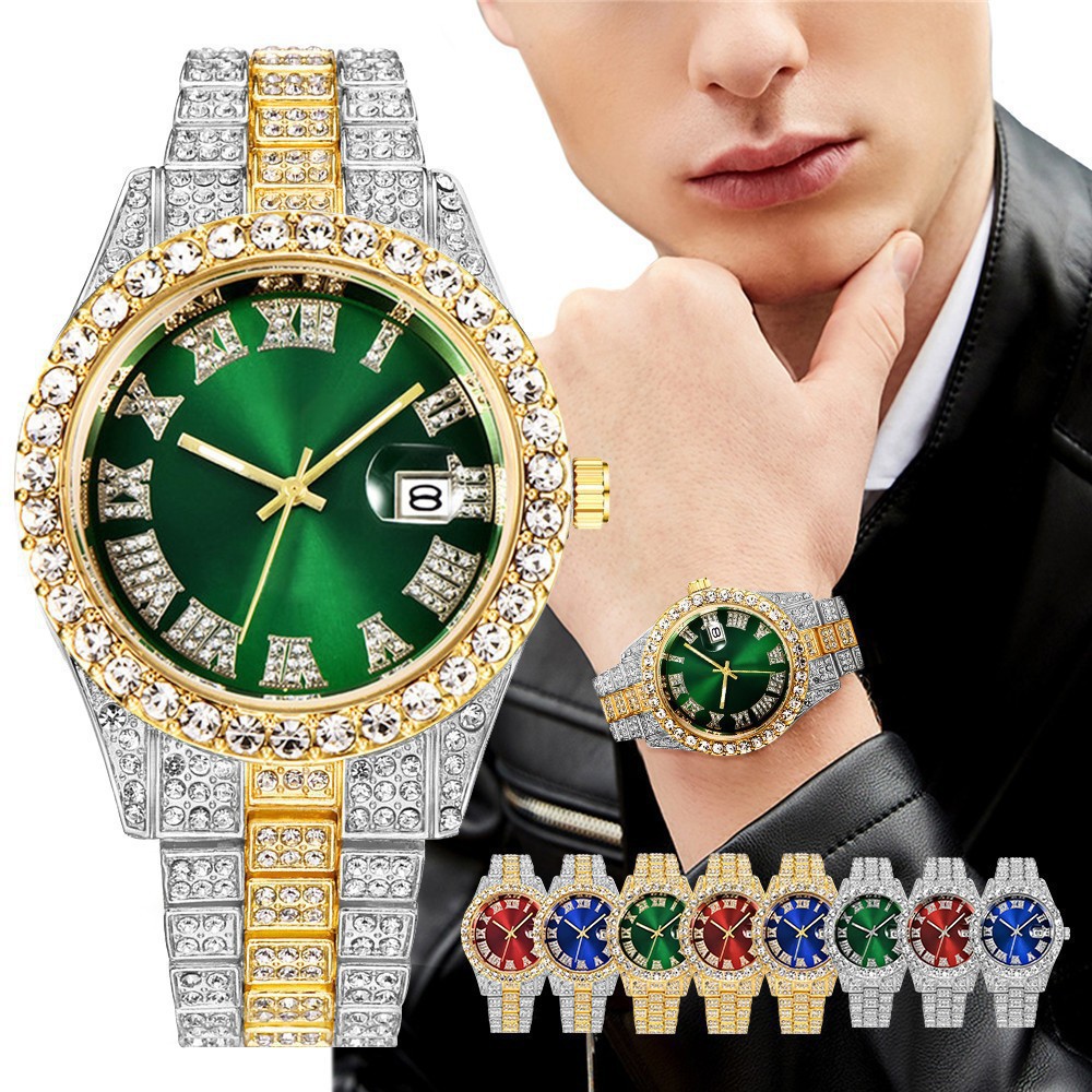 New online celebrity hip hop business diamond men's watch full diamond Roman steel belt calendar men's quartz gift watch