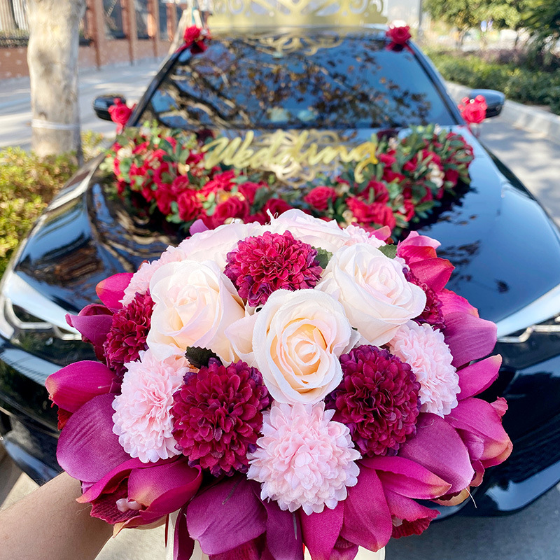 Boda coche decoración simulación flotador cabeza flor boda equipo cabeza coche en forma de v rosa festivo boda ramo floral