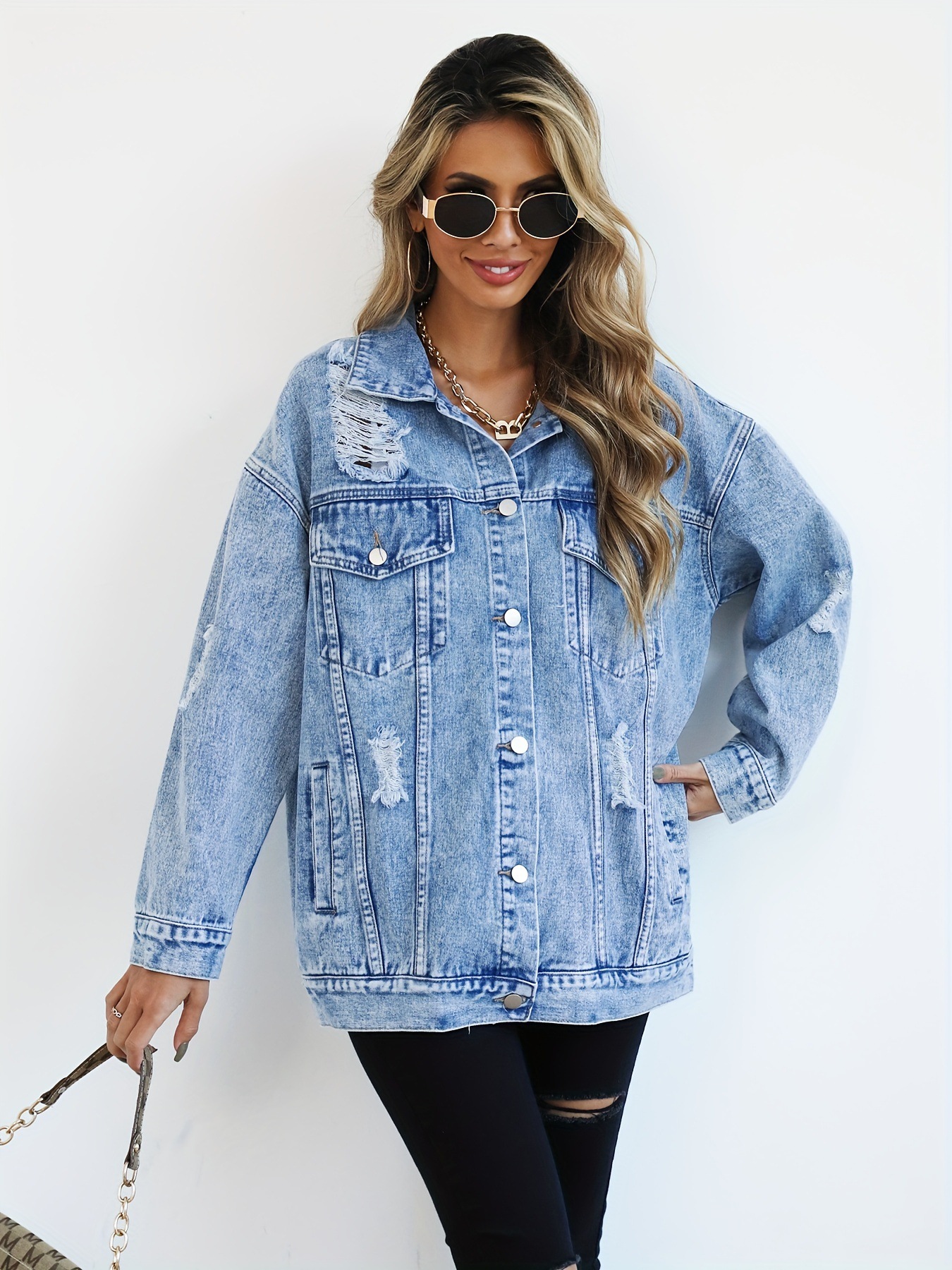 Cross-Border New European and American Amazon Aliexpress Denim Jacket Women's Ripped Design Women's Denim Jacket Tops Women