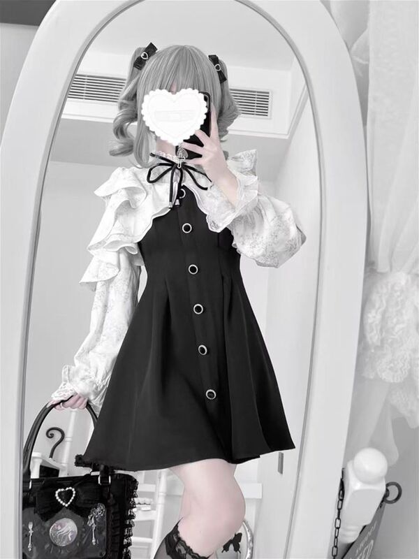 Japanese-Style Mass-Produced Clear-Cut Design Ruffled Edge Girl-Style Lace Patchwork Faux Two-Piece High-Waisted Long-Sleeve Dress