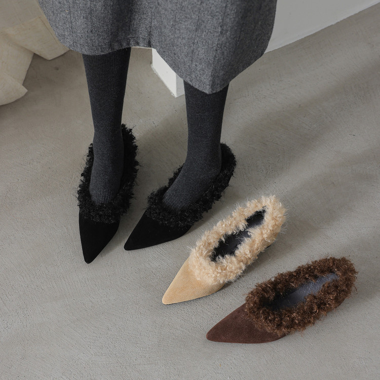 牛皮绒里毛毛单鞋女中跟鞋冬新款内增高真皮尖头浅口单鞋保暖单鞋