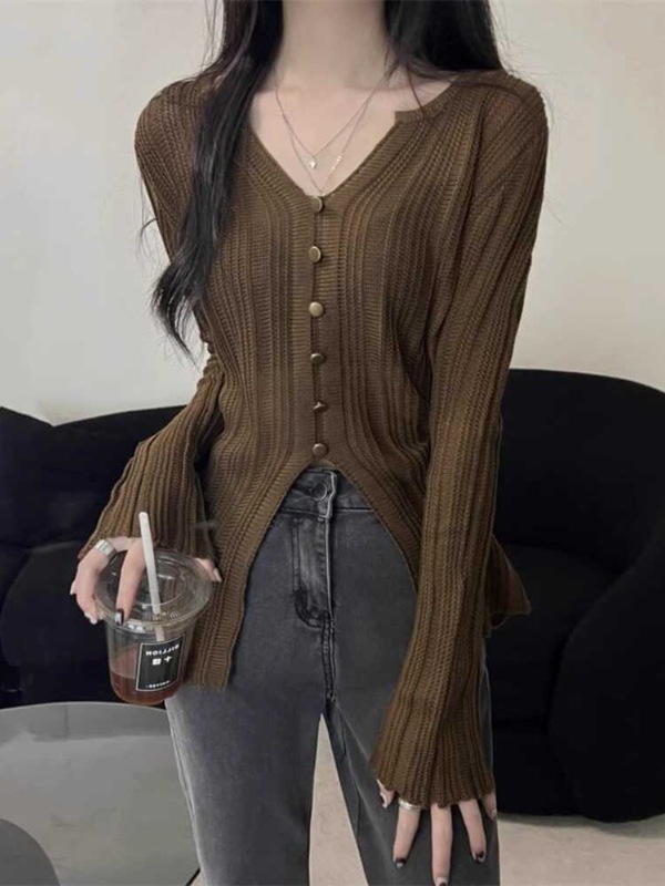 咖色开叉V领美拉德针织长袖打底衫女秋季修身显瘦设计感内搭上衣|undefined