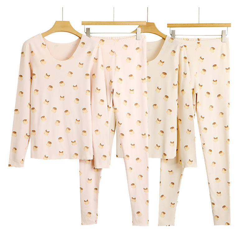 Autumn and Winter Hot card velvet cartoon printed thermal underwear suit women's round neck slim fit undershirt autumn clothes long pants
