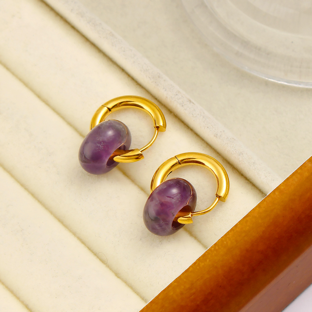 Nuevo estilo chino estilo chino piedra natural círculo perfiles de orejas de acero inoxidable nicho ligero lujo pendientes retro temperamento perfiles de orejas