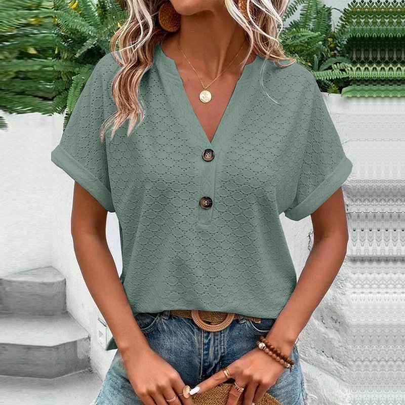 2025 春夏ヨーロッパとアメリカのクロスボーダー Amazon 独立したステーション新しい婦人服ファッションカジュアル無地ボタン V ネック T シャツ女性|undefined