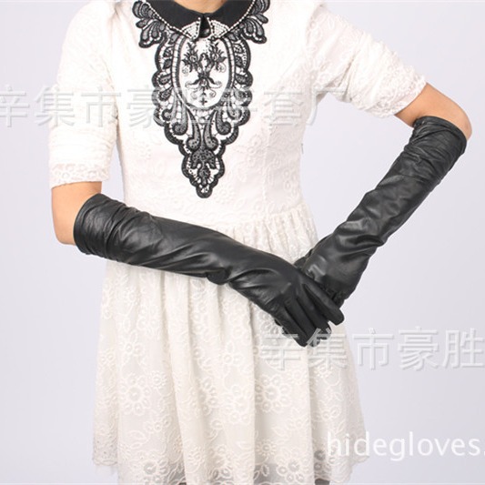 Ultra-largos guantes de cuero de las mujeres 50CM codo imitación de cuero PU plana moda manga del brazo venta al por mayor Xinji guantes fábrica