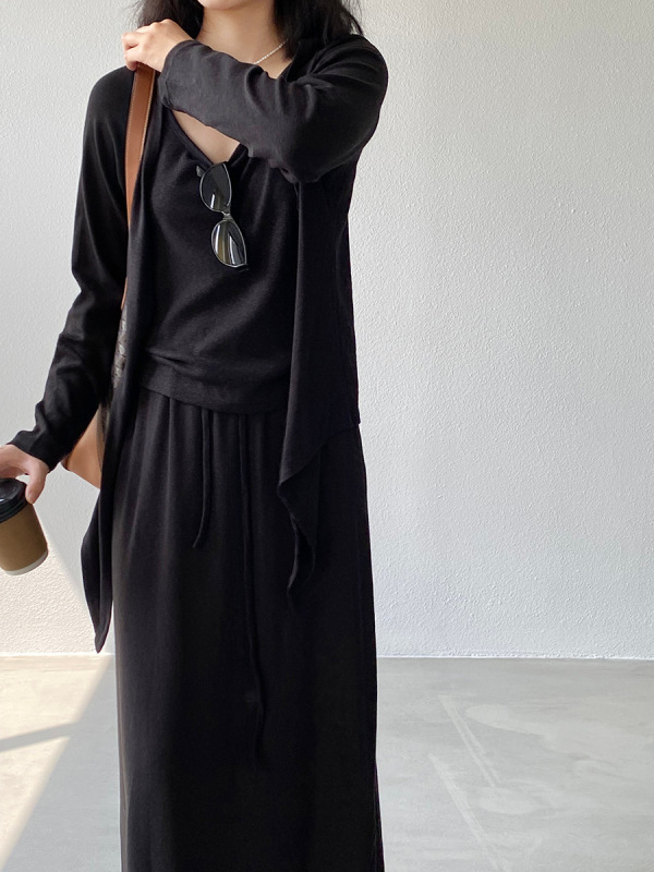 江左 懒人三件套 慵懒休闲不规则开衫+直筒显瘦半身裙套装女 007|undefined