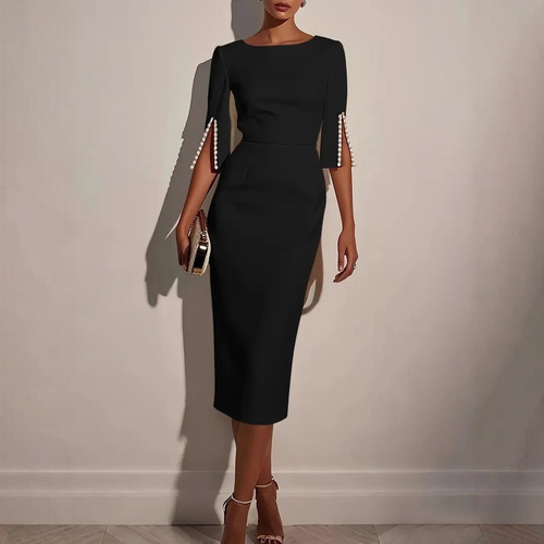 2025 new European and American Amazon cross-border spring and summer solid color commuting beaded slim dress for women