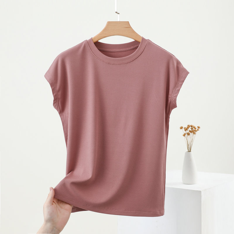 Modal manga corta máscara de hilo blanco camiseta elástica de verano de las mujeres cuello redondo 2022 nueva camisa de fondo suelta superior