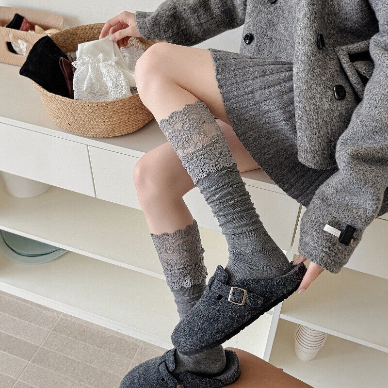 Milad Slouch Socks for Women with Lace Trim, Mid-Calf Length, Gray Versatile Seamless Cotton Socks to Match Boots