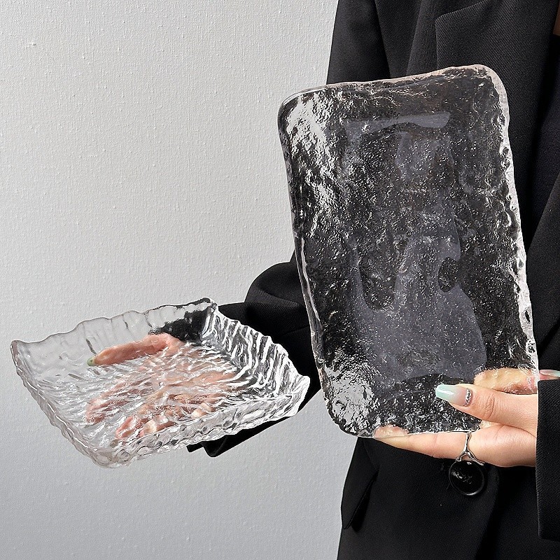 Plato de vidrio irregular glaciar japonés plato de refrigerio casero plato de frutas bandeja de postre circular cubiertos