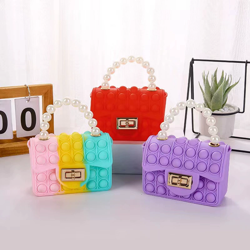 Silicone children's double-sided shoulder bag, chain from pearl, wallet