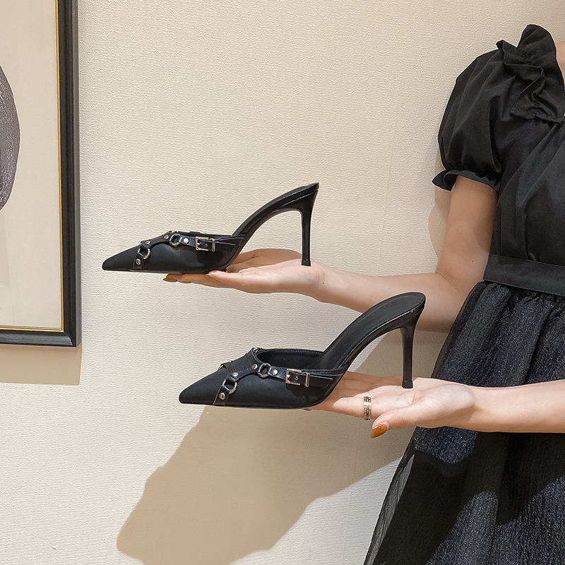 2024 New Pointed High Heels Fashion Shoes Punk Style Versatile Baotou Half Support Sandals Women's_voghion.com