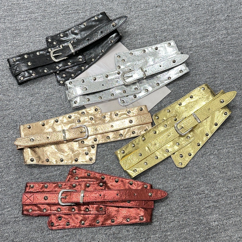 Retro Rivet Super Bright Leather Belt Women's Decorative Shirt Dress Versatile Elastic Elastic Super Wide Girdle Wholesale