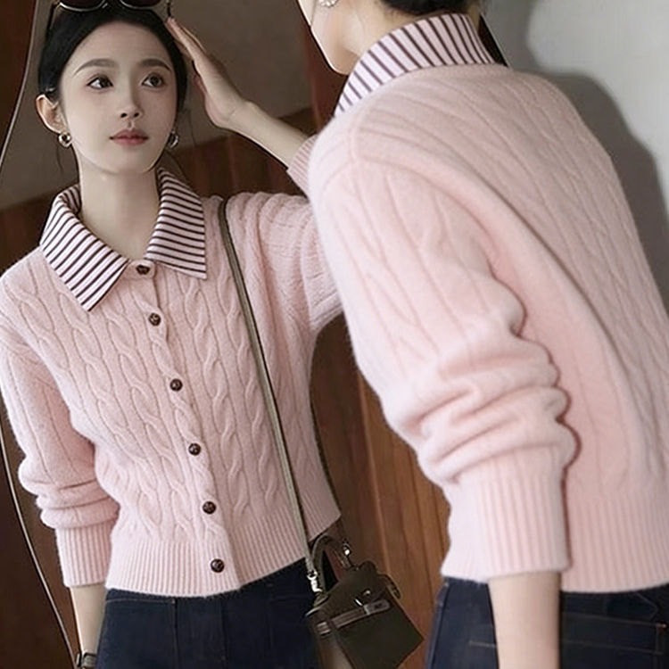 Korean-style sweet pink collared long-sleeve knitted cardigan for women, spring and autumn 2026 new model, faux two-piece soft sweater jacket Korean-style sweet pink collared long-sleeve knitted cardigan for women, spring and autumn 2026 new model, faux two-piece soft sweater jacket