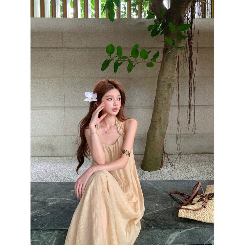 Apricot-Colored Ruffled Sleeveless Halter Neck Dress for Women, Summer Loose Fit, Slimming Dress, Gentle Vacation Style Long Dress Apricot-Colored Ruffled Sleeveless Halter Neck Dress for Women, Summer Loose Fit, Slimming Dress, Gentle Vacation Style Long Dress