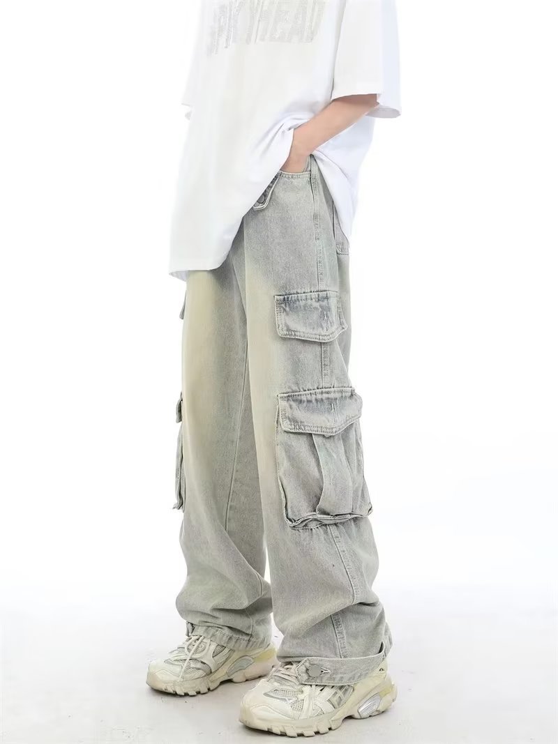 Jeans cargo multitasche stile retrò americano da uomo, pantaloni lunghi lavati vintage, stile streetwear pesante_voghion.com