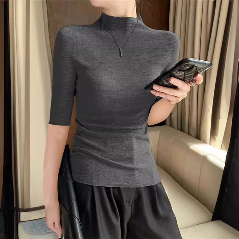 Women's High Knit Short-Sleeved Top Thin Base Shirt Seamless Worsted Half-High Collar Wool Half-Sleeve Half-Sleeve Half-Sleeve Half-Sleeve