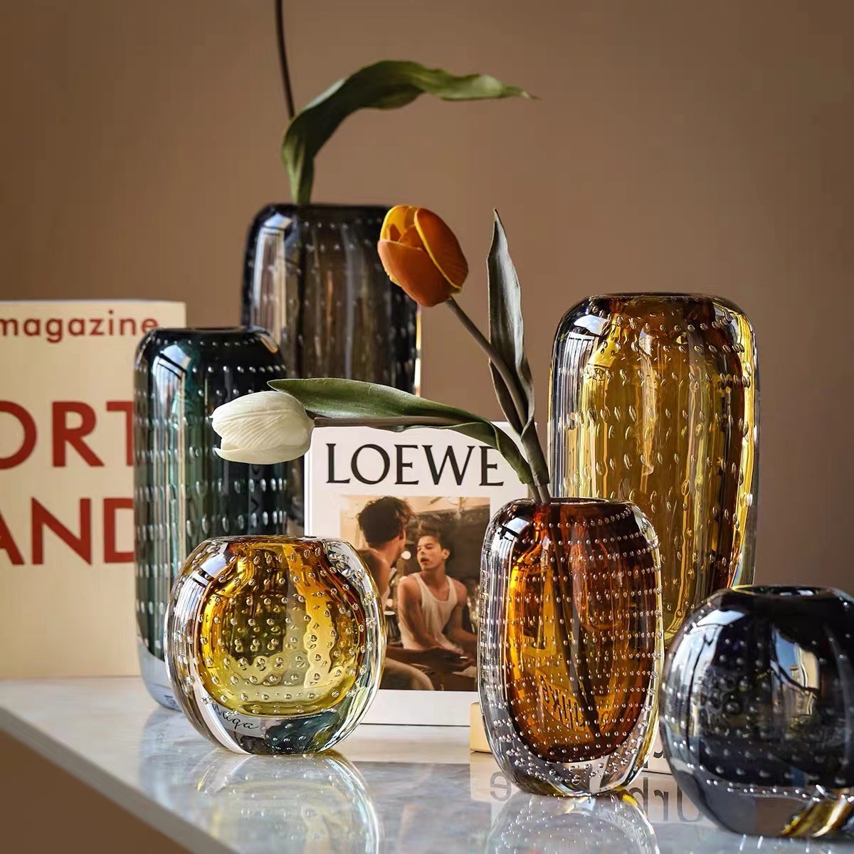 Modern transparent glass decorative flowers for living room