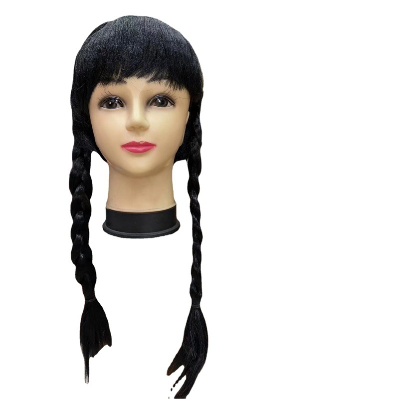 Wednesday Adams Family Wig Black Double Braid Bangs Mid Twist Braids cos Halloween in stock