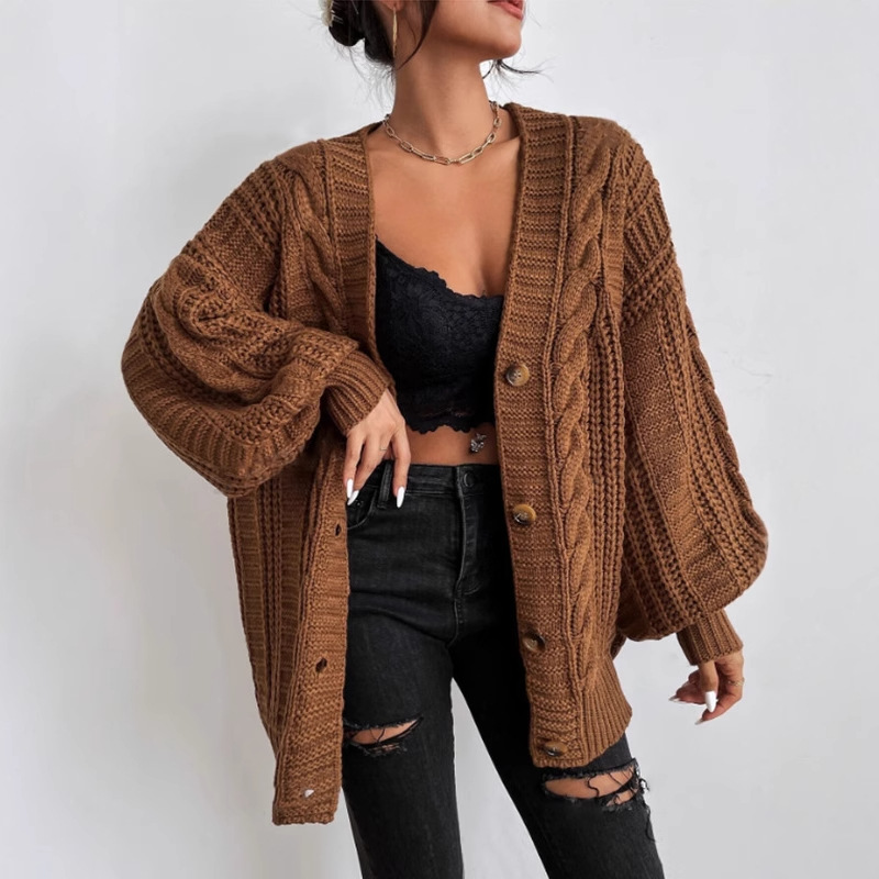 European and American Cross-Border Export V Neck Sweater Women's Retro Style Fashionable Loose Twist Lantern Sleeve Cardigan Knitted Jacket