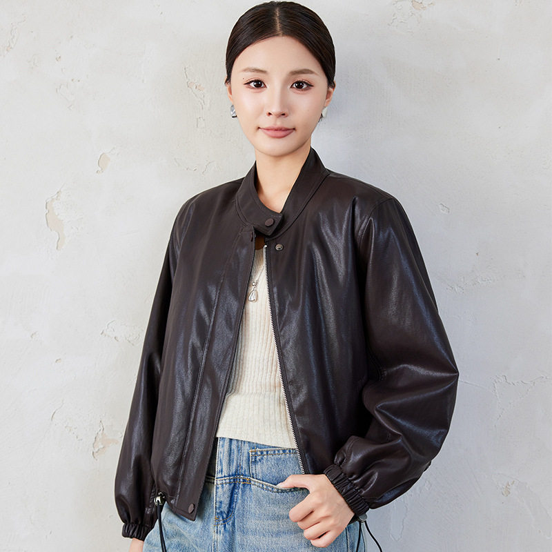 Áo khoác da nữ ngắn cổ đứng lót lông dày dặn — Cà phê đỏ với fleece dày, Màu đen Fleece dày chi tiết 9