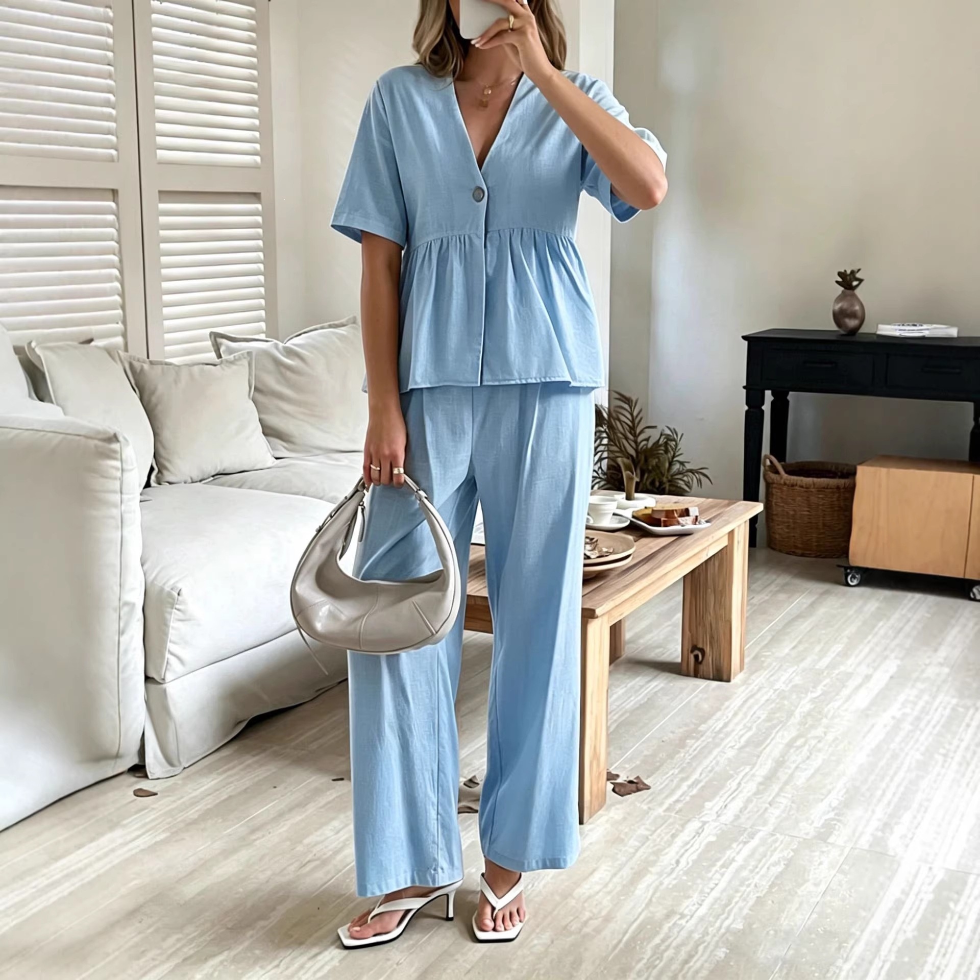 Women's Clothing Fashion Elegant Two Piece Set V Neck Loose Short Sleeved Top And Wide Leg Pants For Formal & Casual For Women_ecoleips.com