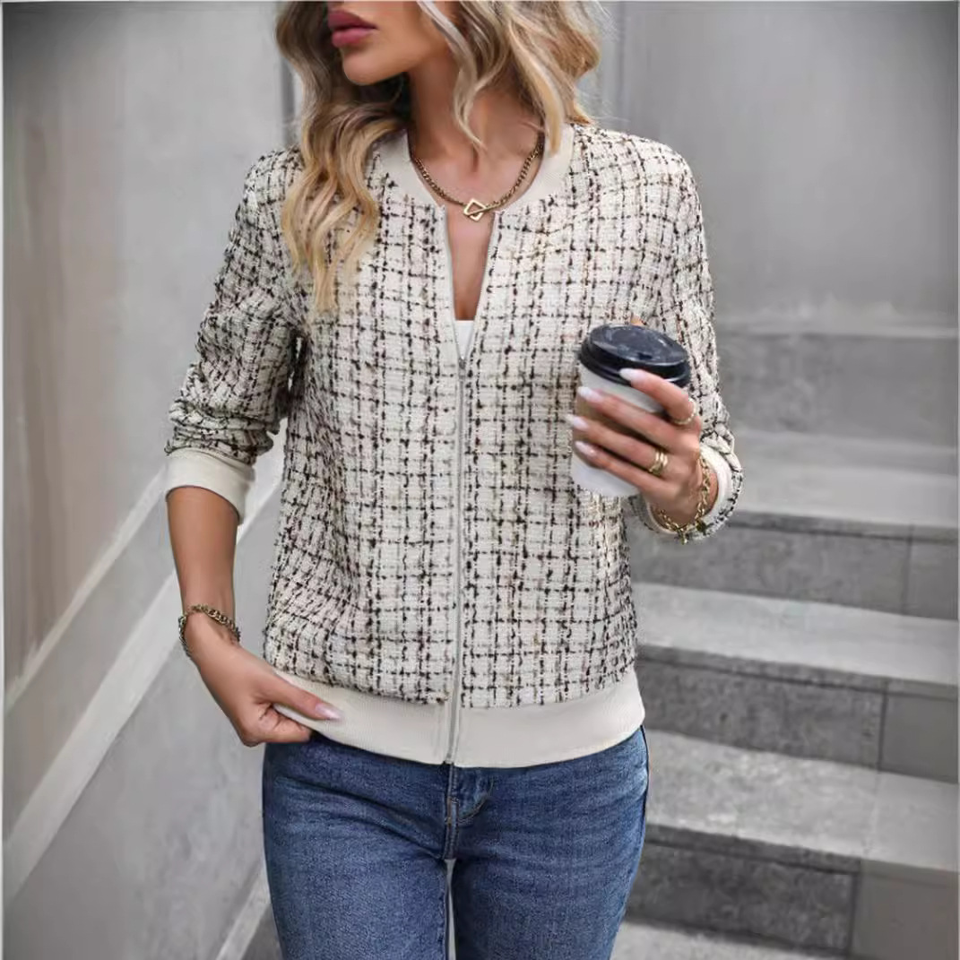 Damenbekleidung, neue Herbst-Langarm-Reißverschluss-verzierte Strickjacke, bedruckte Jacke, kleine Jacke_voghion.com