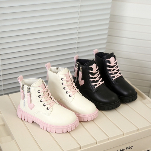 Children's Side Zipper Leather Boots Autumn and Winter New Sweet Martin Boots for Girls Single Boots Soft Bottom Boots for Children 