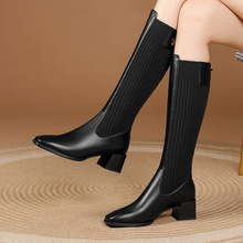 辛思婭2021冬季新品粗跟方頭長筒靴高靴大毛線筒靴黑色中跟女靴