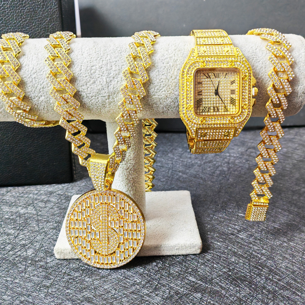 Men's Cuban Link Bracelet With Colorful Diamond Setting Gold Plated_voghion.com