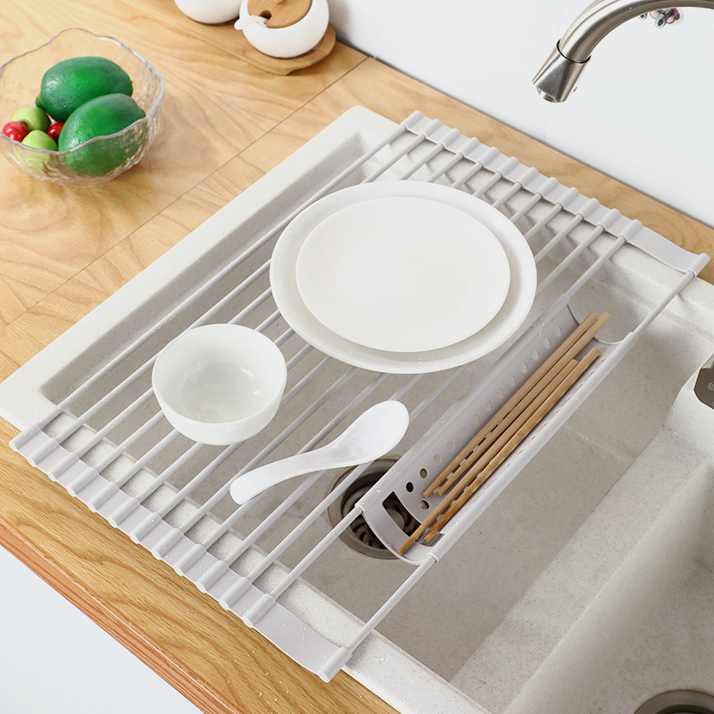 厨房水槽沥水架水池碗碟滴水架沥水卷帘架可折叠硅胶边槽滤水架