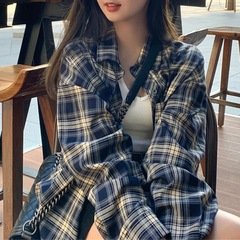 复古格子防晒长袖衬衫女士春秋季新款宽松慵懒风外穿衬衣外套上衣