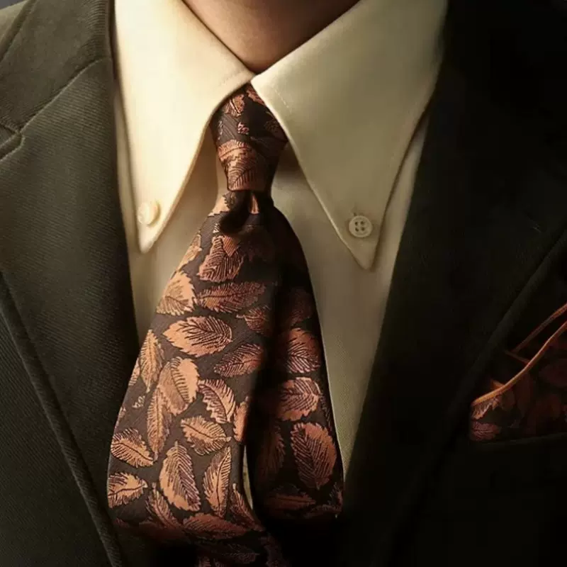 男士高档1200针高密度8cm手打款树叶钱币花瓣西装商务职业领带