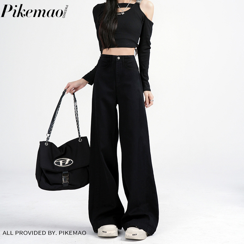 Black Wide-Leg Jeans for Women 2025 Summer New High-Waisted Loose Slimming Straight Flared Floor-Length Pants