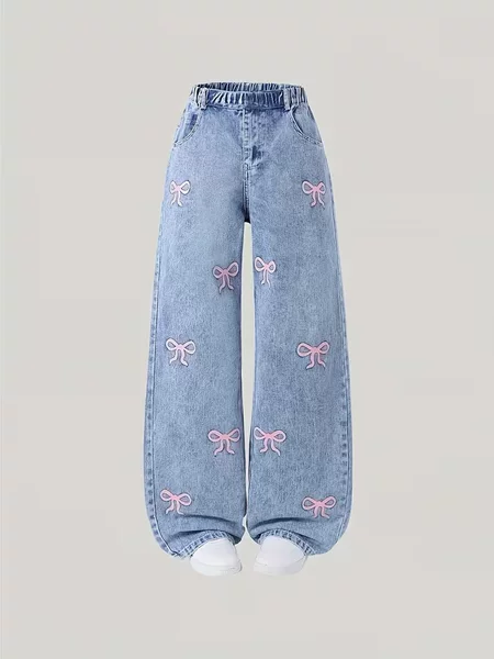 Cross-Border Girls' Spring and Autumn Jeans New Style for Older Children, Loose Casual Straight-Leg Pants, Stylish Versatile Wide-Leg Pants for Kids
