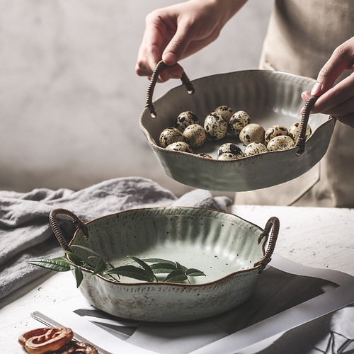 Jingdezhen coarse pottery hemp rope portable fruit plate Japanese bowl plate retro household high temperature ceramic dessert plate creative tableware