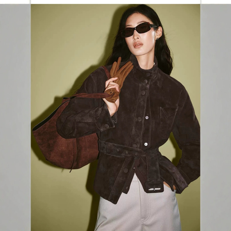 [High-Quality Item] Taiping Bird Women's Retro Dark Brown Suede Jacket - A Stylish Commute Top with a Premium Feel